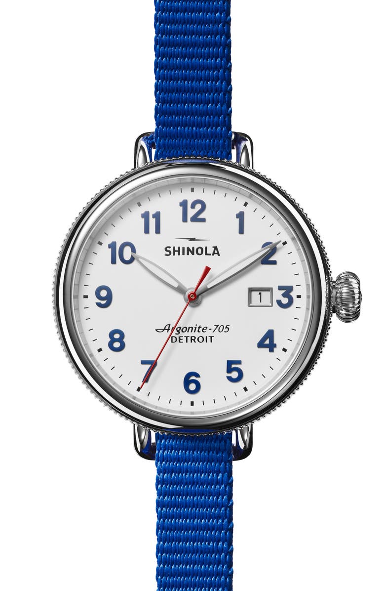 Shinola Birdy Blue/White/Red Grosgrain Stripe Strap Watch, 38mm, Alternate, color,