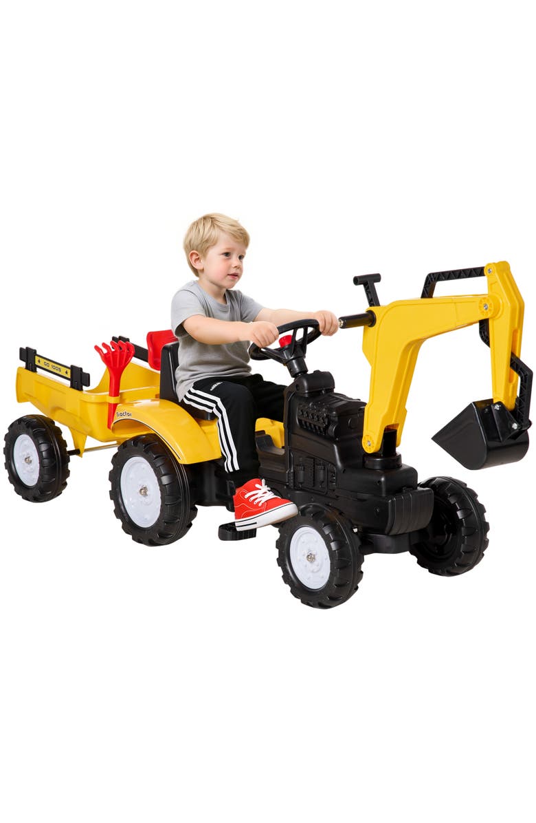 Aosom Kid's Pedal Digger Construction Car with Horn, Detachable Trailer, Main, color, Yellow