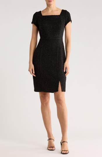 Connected Apparel Metallic Bouclé Cocktail Dress In Black
