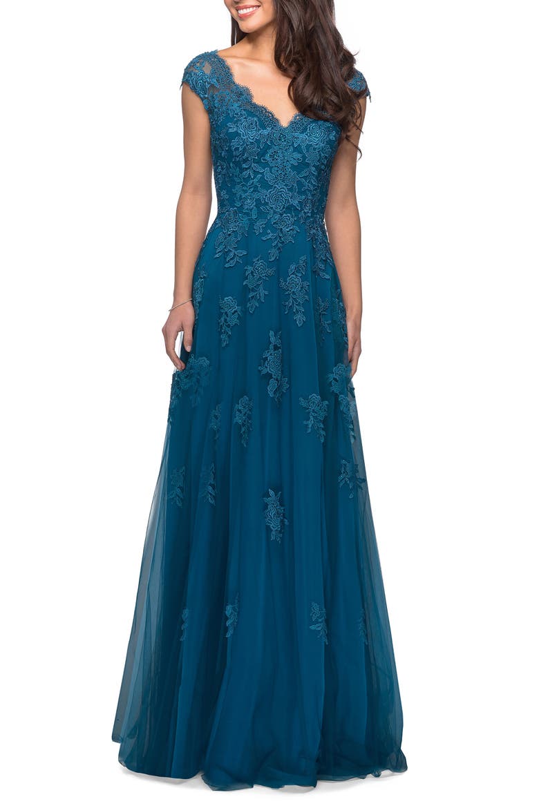 Short Sleeve Lace Gown with Cascading Embellishments, Main, color, TEAL