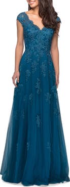 La Femme Short Sleeve Lace Gown with Cascading Embellishments