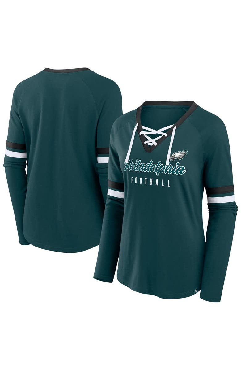 FANATICS Women's Fanatics Green Philadelphia Eagles Plus Size Won & Done Lace-Up V-Neck Long Sleeve T-Shirt, Main, color, 