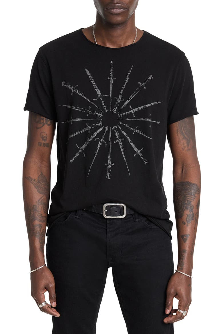 Daggers Raw Edge Graphic T-Shirt, Main, color, BLACK