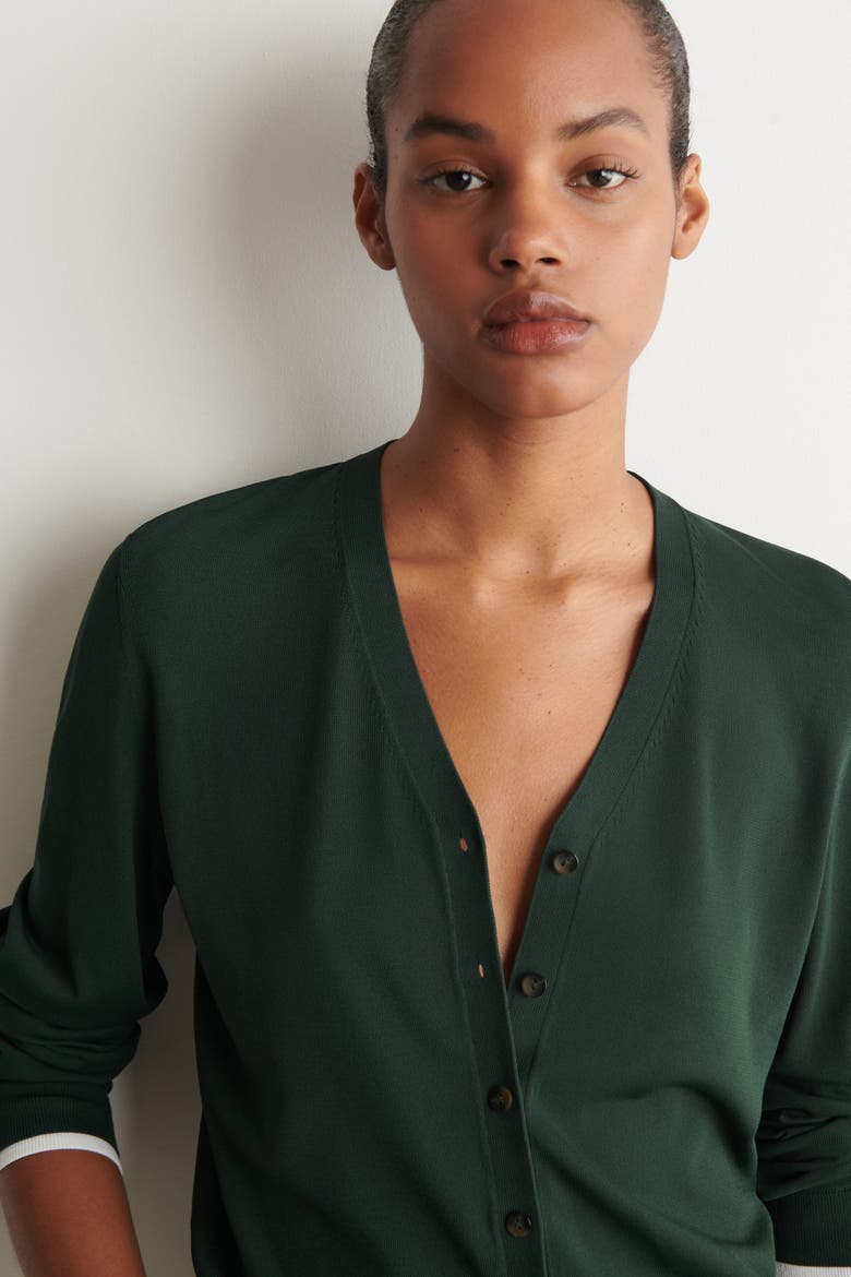 Layered-detail Knitted V-neck Cardigan, Alternate, color, DARK GREEN / WHITE