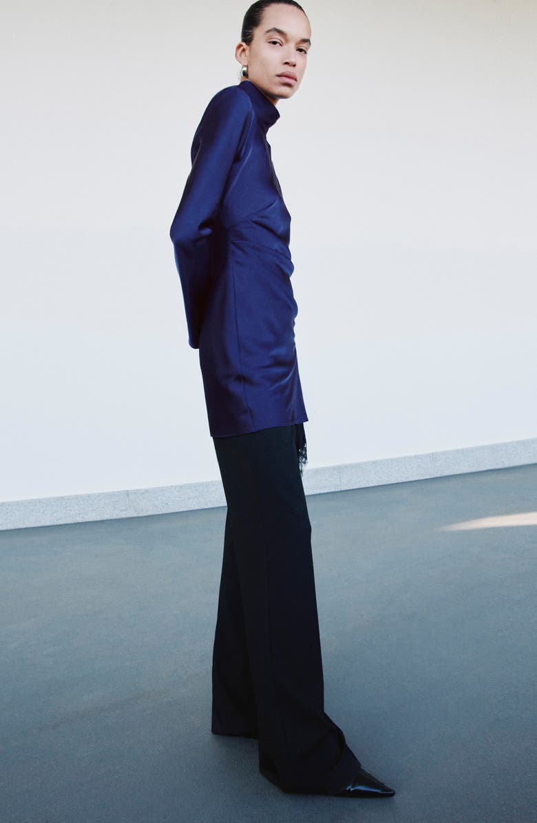 MANGO Pleated Long Sleeve Satin Dress, Alternate, color, Indigo Blue