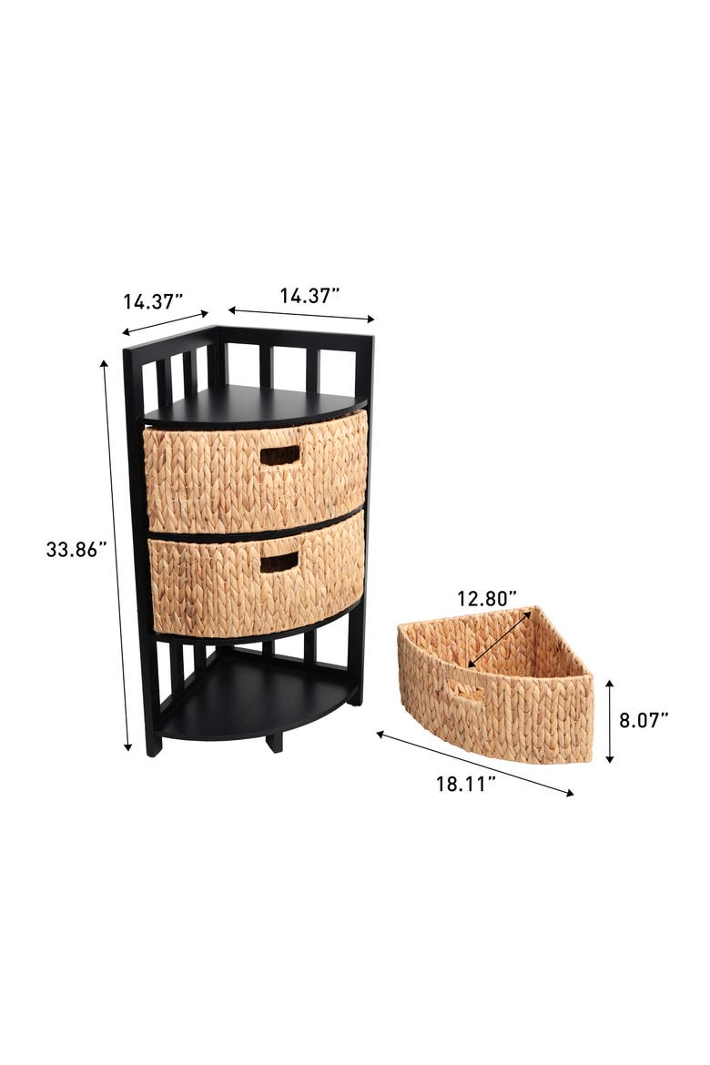Quart Handcrafted Acacia Wood 3-Tier Corner Storage Cabinet with 3 Water Hyacinth Baskets, Alternate, color, Black