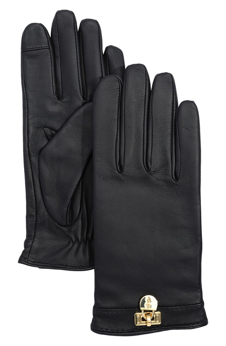 Lauren Ralph Lauren Logo Plate Leather Gloves, Main, color, Black
