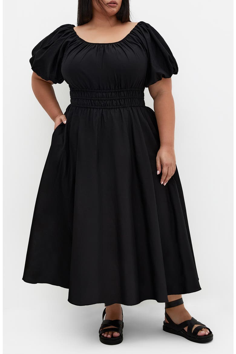 Lillian Puff Sleeve Cotton Midi Dress, Main, color, BLACK