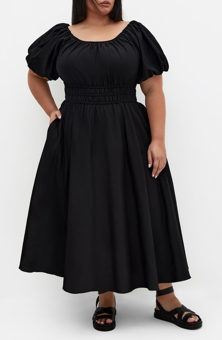 City Chic Lillian Puff Sleeve Cotton Midi Dress, Main, color, Black