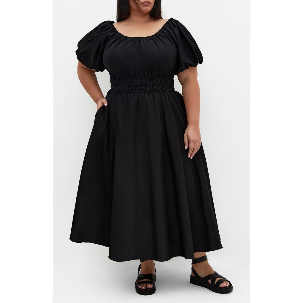 City Chic Lillian Puff Sleeve Cotton Midi Dress In Black