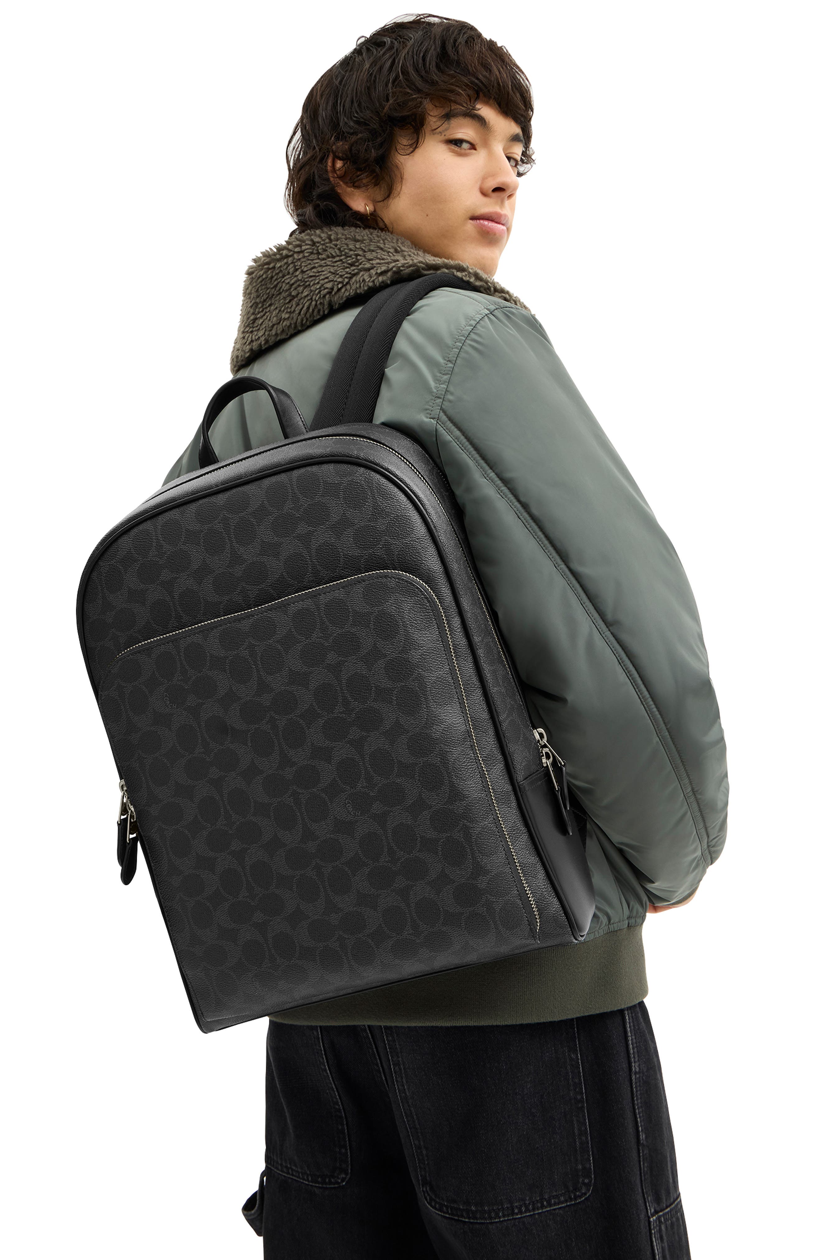 COACH Gotham Coated Canvas & Leather Backpack, Alternate, color, Black Signature