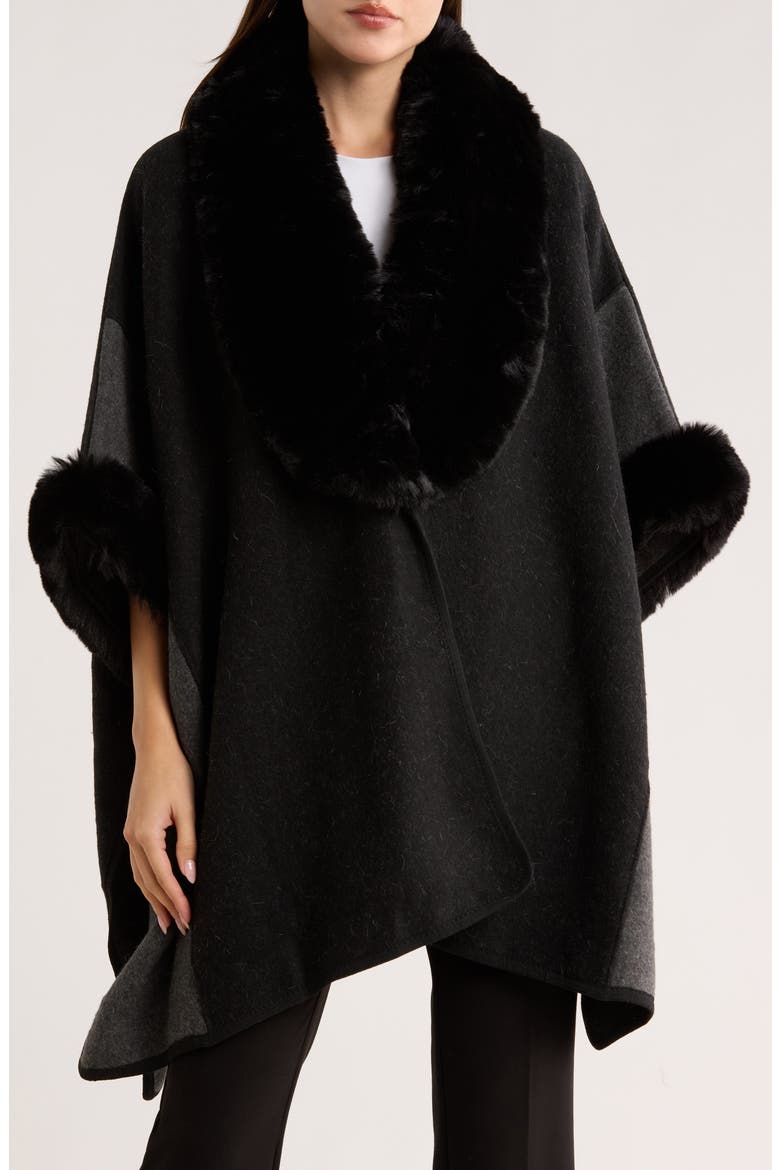 Faux Fur Trim Cape, Main, color, GREY