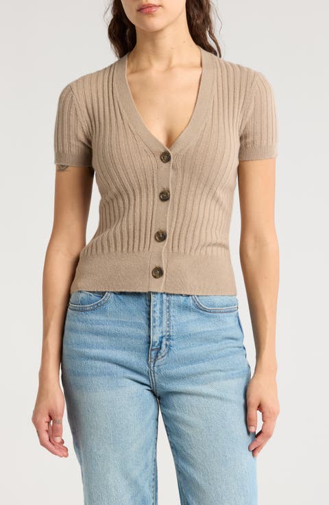 Ribbed Short Sleeve Cashmere Cardigan