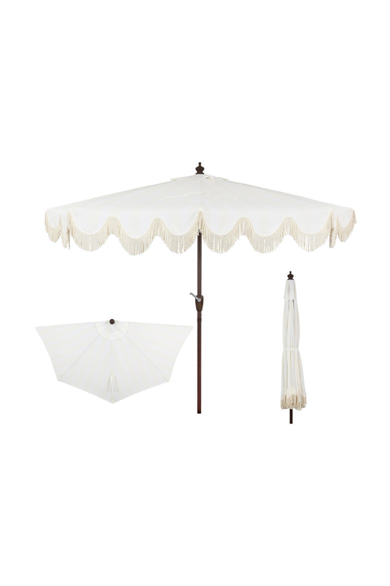 Beverly Coastal Half Patio Umbrella, Space-Saving Balcony Shade with Scalloped Fringe, Crank & Manual Tilt, Main, color, Cream/White