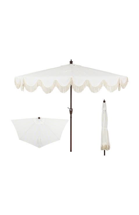 Beverly 9 ft. Designer Classic Scalloped Fringe Half Market Patio Umbrella with Crank, Push Button Tilt and UV Protection