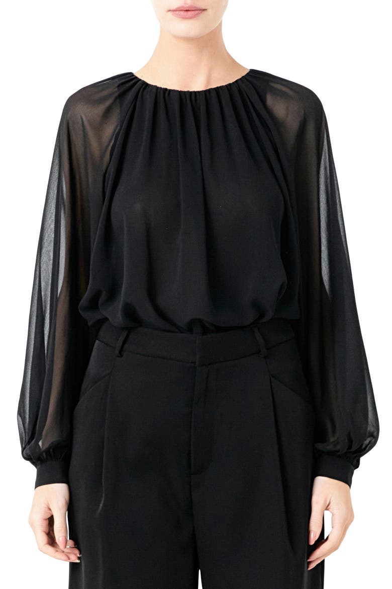 Sheer Sleeve Blouson Bodysuit, Main, color, BLACK