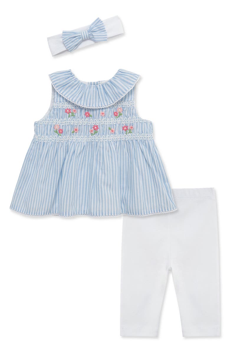 Little Me Floral Smocked Tunic, Leggings & Headband Set, Main, color, Blue/ White