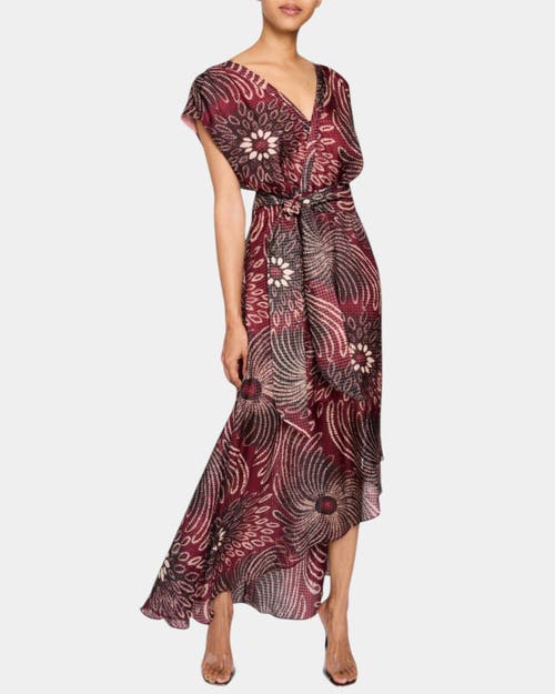 Santorelli Fallon Cap Sleeve Midi Fit And Flare Dress With Hi-lo Skirt In Silk Modern Gingham Floral Print In Cherry Cola