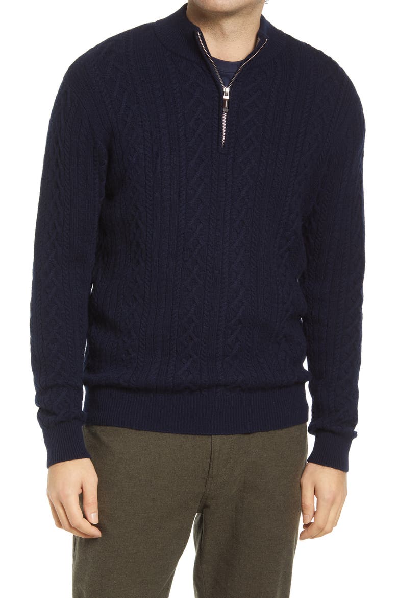 Men's Crown Cable Wool & Cashmere Quarter Zip Sweater, Main, color, NAVY