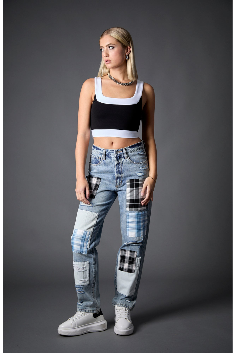 Plaid Patchwork Straight Leg Jeans, Alternate, color, Ibiza Patchwork