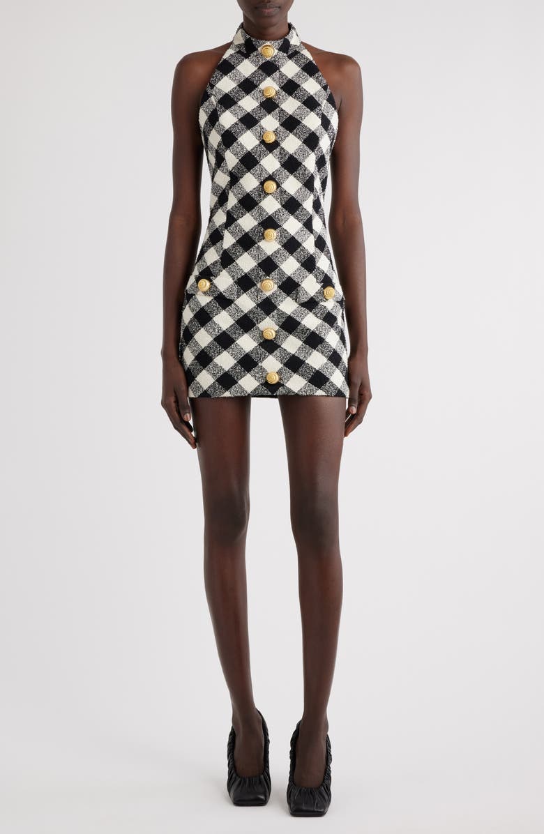 Balmain Gingham Tweed Minidress, Main, color, 
