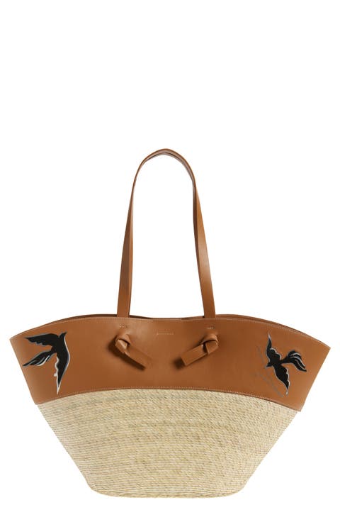 Large Knot Leather & Straw Basket Tote