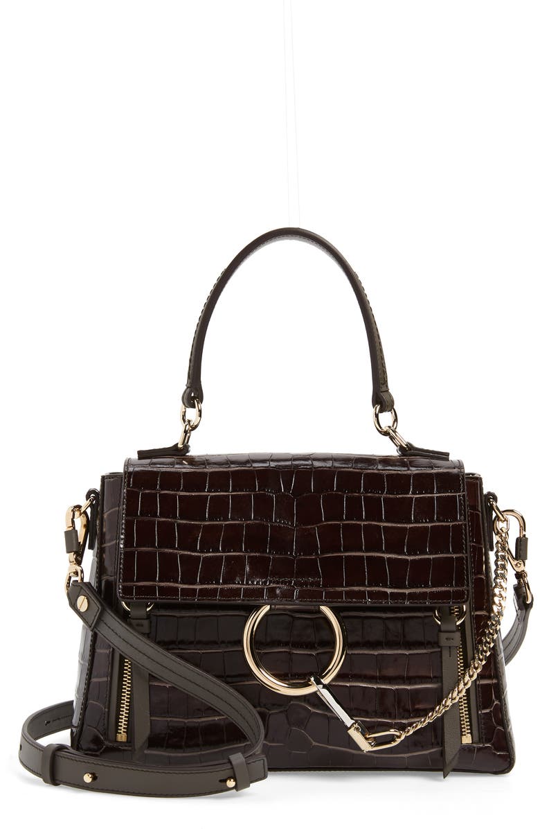 Chloé Medium Faye Day Croc Embossed Leather Shoulder Bag, Main, color,