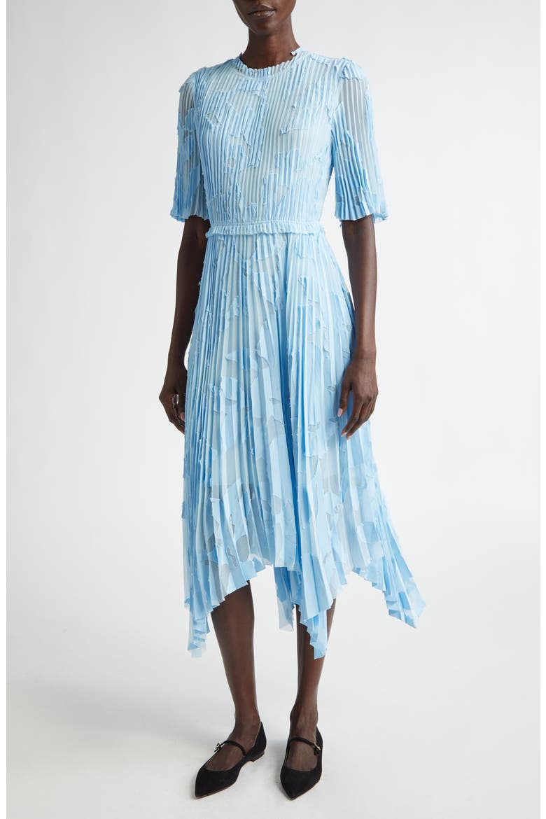 Pleated Floral Fil Coupé Dress, Alternate, color, SKY BLUE