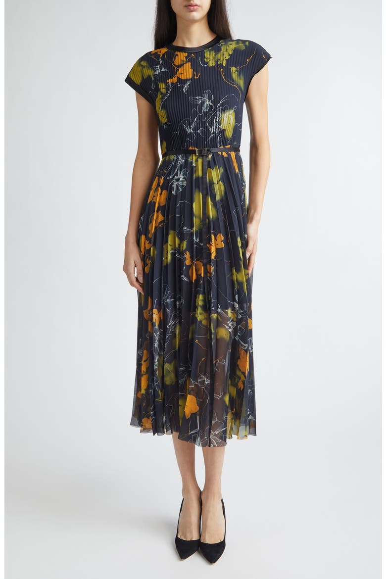 Shadow Floral Print Pleated Georgette Midi Dress, Main, color, ULTRA NAVY