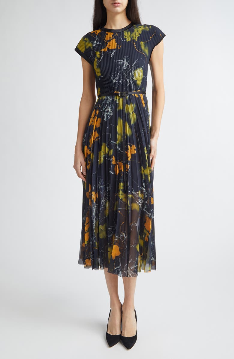 Jason Wu Collection Shadow Floral Print Pleated Georgette Midi Dress, Main, color, Ultra Navy