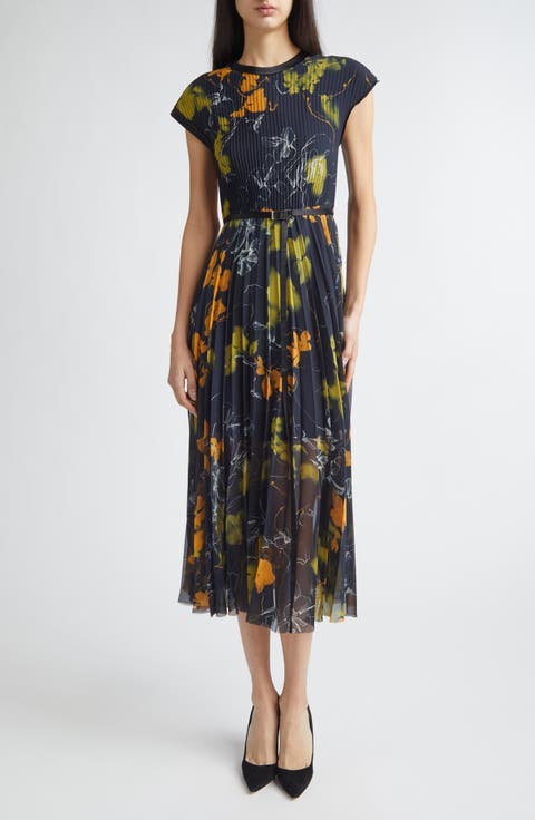 Shadow Floral Print Pleated Georgette Midi Dress