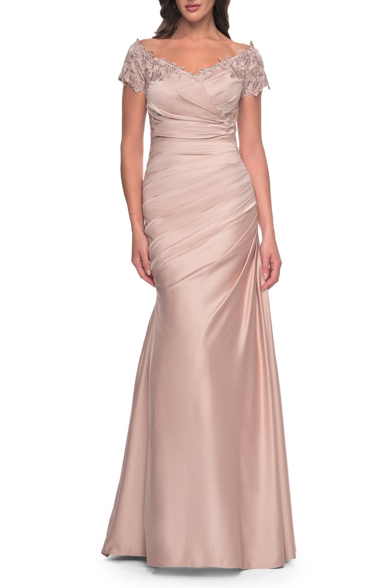 Off the Shoulder Satin and Lace Mermaid Pleated Gown, Main, color, Champagne