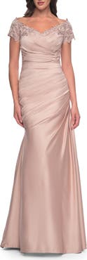La Femme Off the Shoulder Satin and Lace Mermaid Pleated Gown