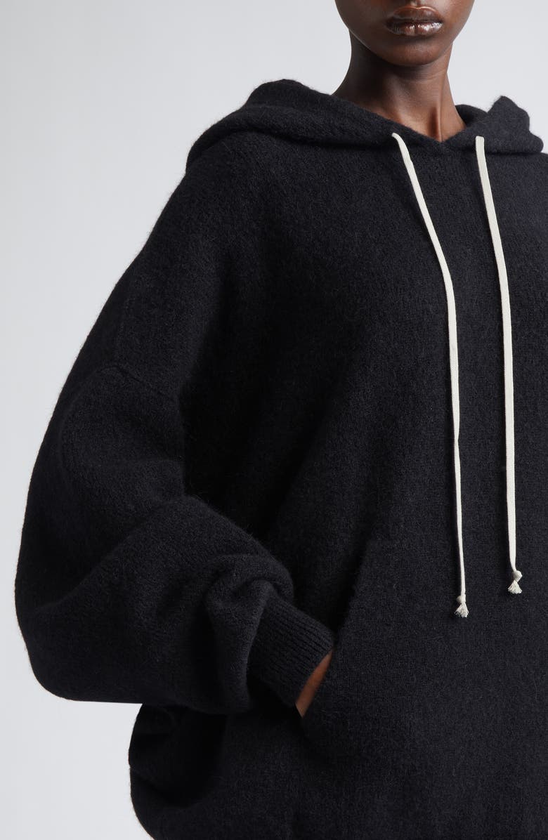 Rick Owens Hun Alpaca & Wool Blend Sweater Hoodie, Alternate, color, Black