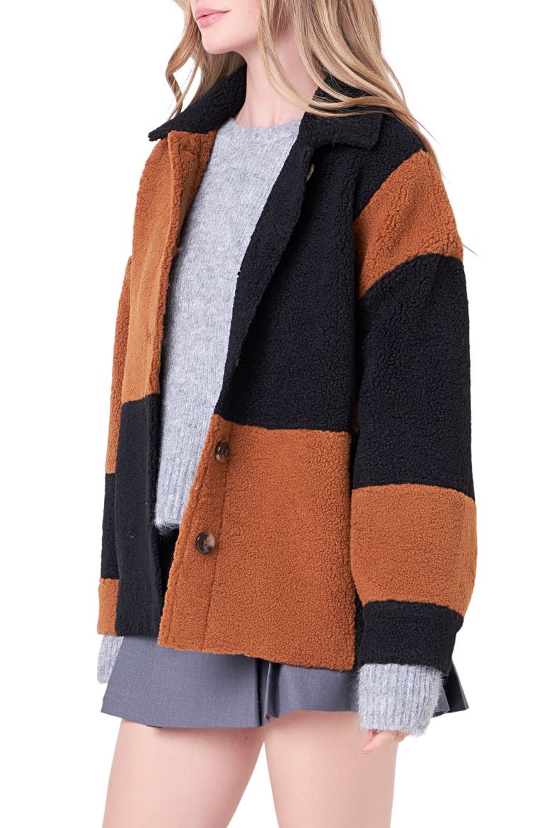 Oversize Check Teddy Jacket, Alternate, color, BLACK/ CAMEL