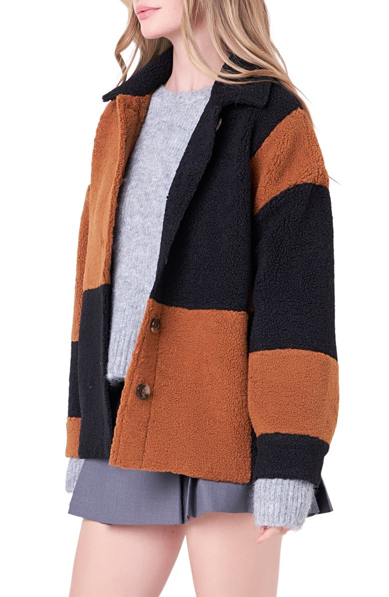 English Factory Oversize Check Teddy Jacket, Alternate, color, Black/ Camel