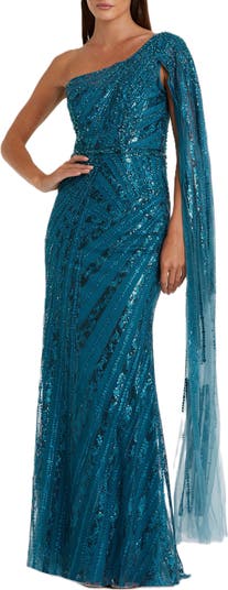 Mac Duggal One Shoulder Cape Sleeve Embellished Gown - Rose Gold / 12 Mac Duggal One Shoulder Cape Sleeve Embellished Gown - Rose Gold / 12