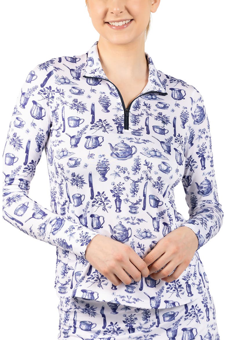 Toile Print Performance Quarter Zip Pullover, Main, color, LIGHT BLUE