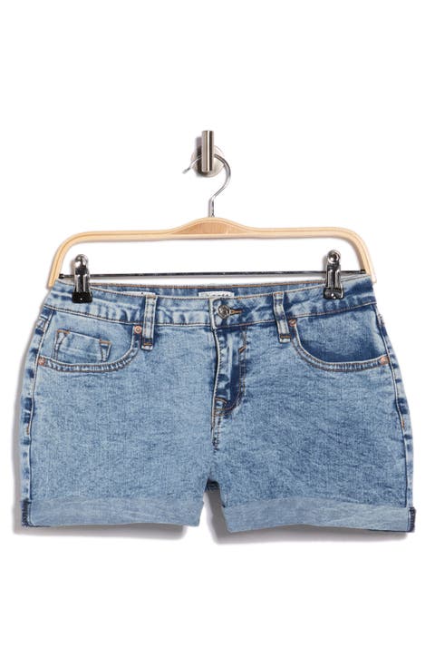 Mid Rise Double Rolled Cuffed Denim Shorts