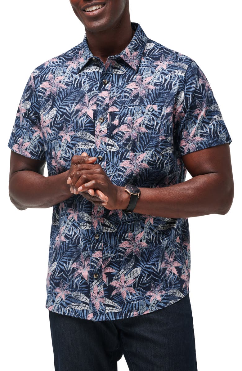 TravisMathew Shoot the Channel Floral Short Sleeve Stretch Button-Up Shirt, Main, color, 