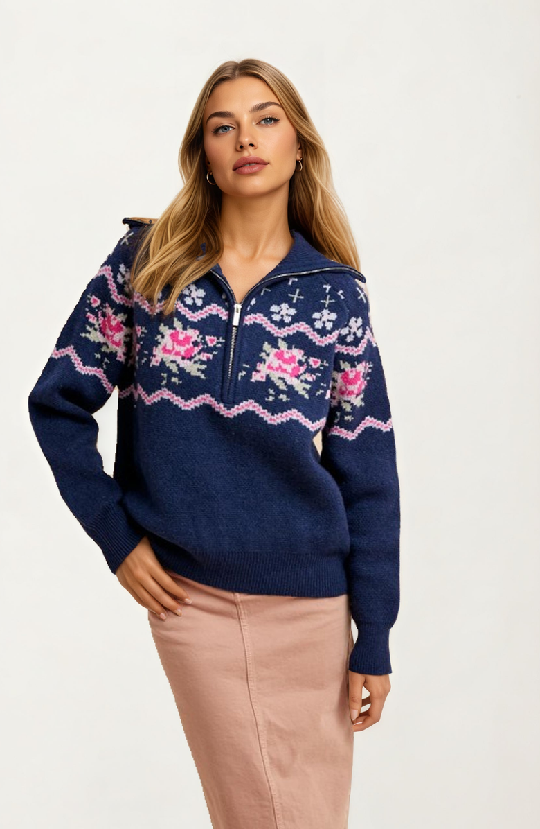 Knit and Lounge Half-Zip Floral Fair Isle Sweater, Main, color, Navy / Pink / Off White