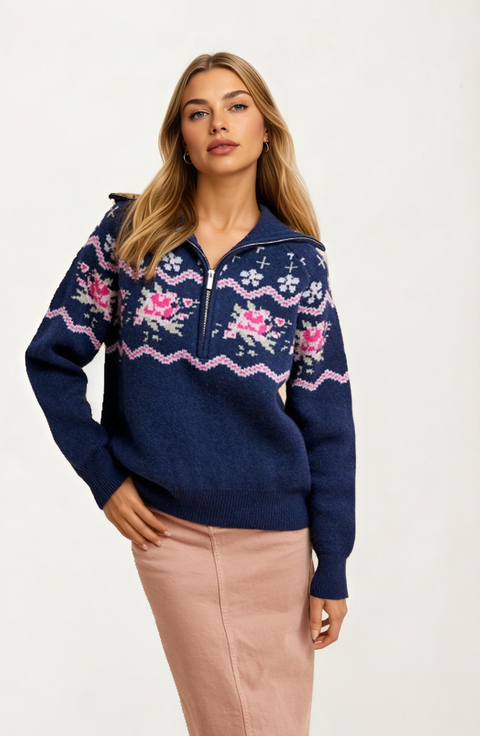 Half-Zip Floral Fair Isle Sweater