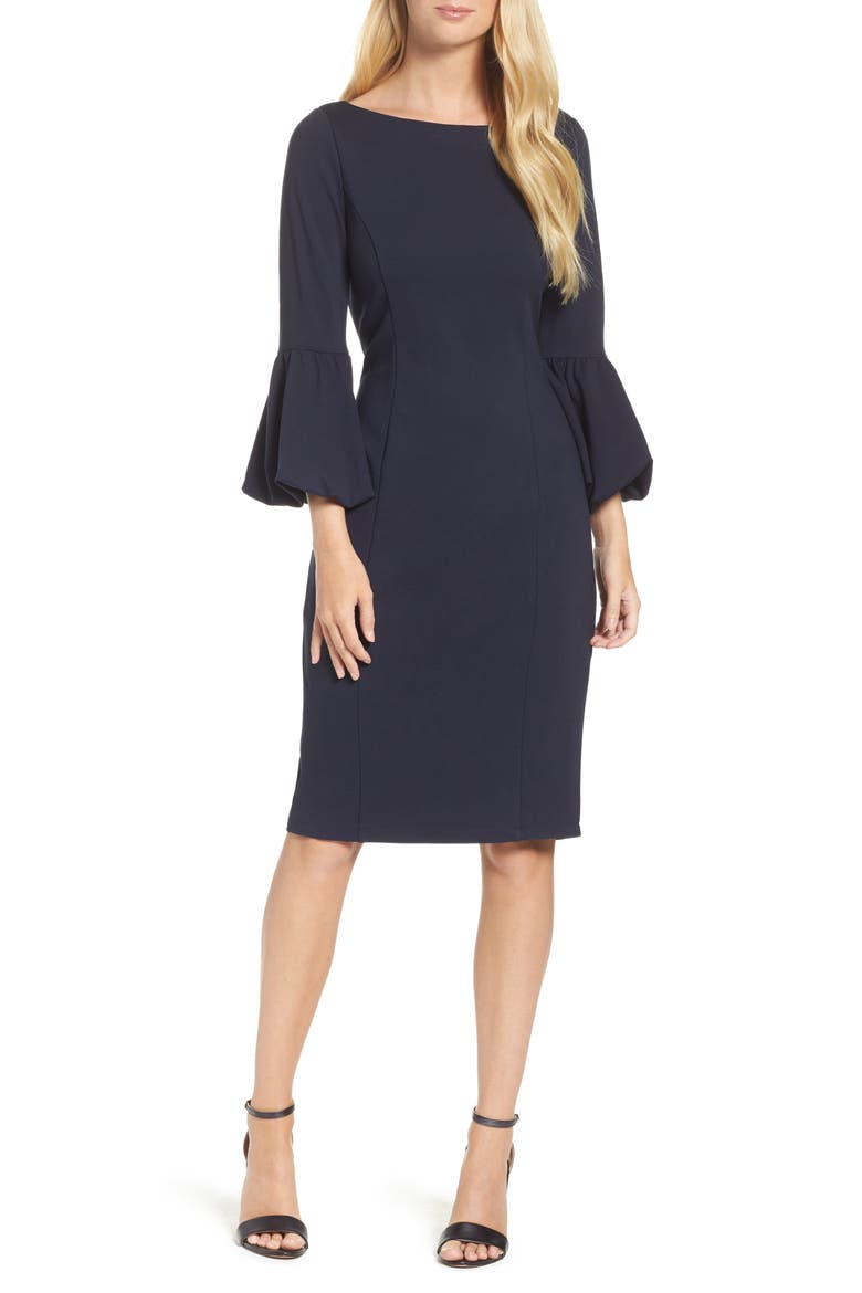 Bell Sleeve Sheath Dress, Main, color, NAVY