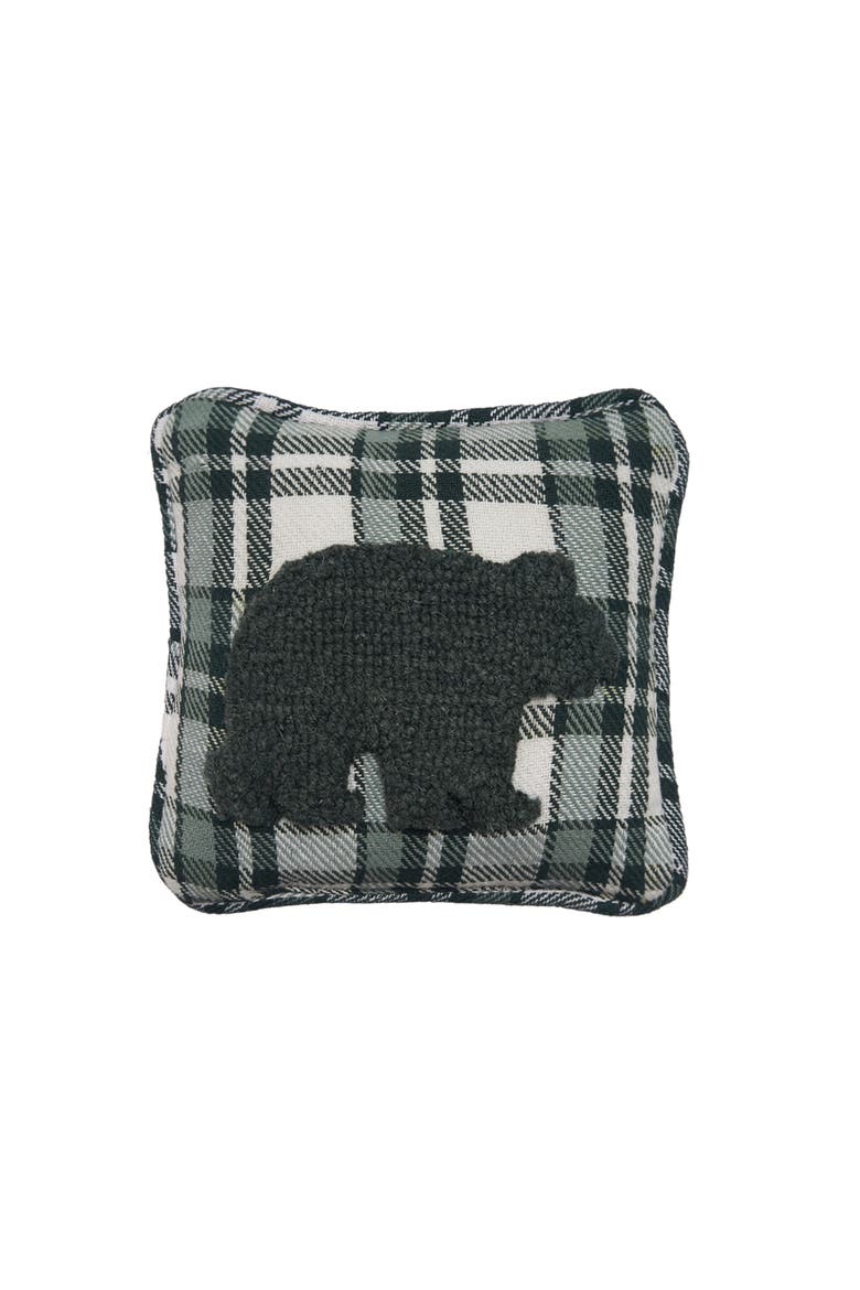 Bear Green & White Plaid Hooked Accent Pillow 8" x 8", Main, color, Green