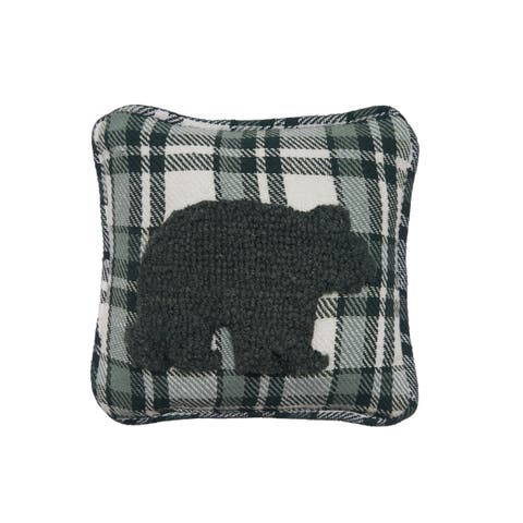 Bear Green & White Plaid Hooked Accent Pillow 8" x 8"