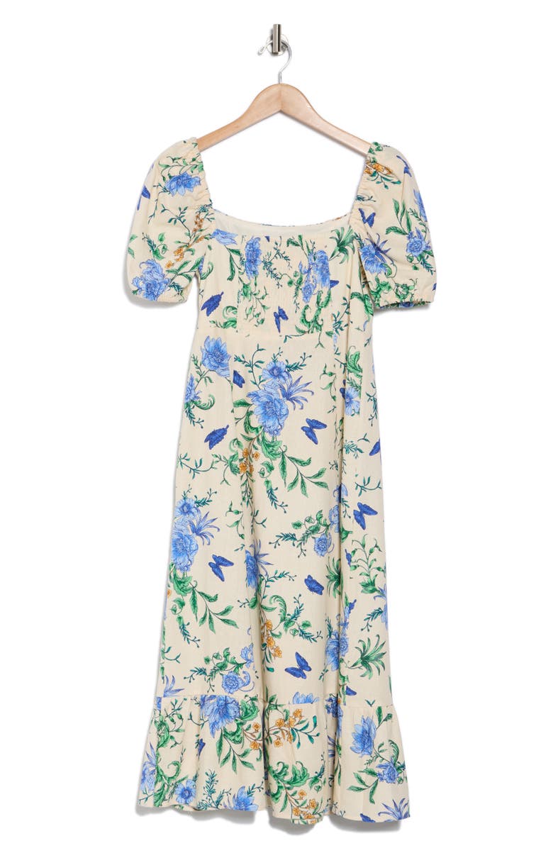 London Times Floral Short Sleeve Linen Blend Midi Dress, Alternate, color, 