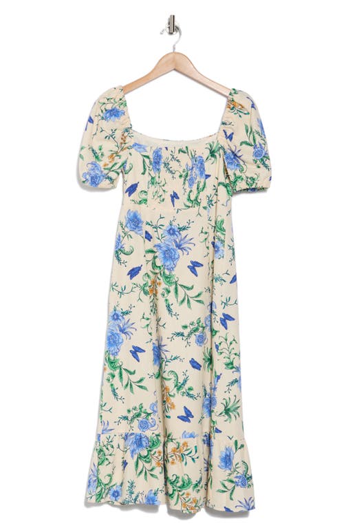 London Times Petite Linen-blend Floral-print Maxi Dress In Cream/dn Blue