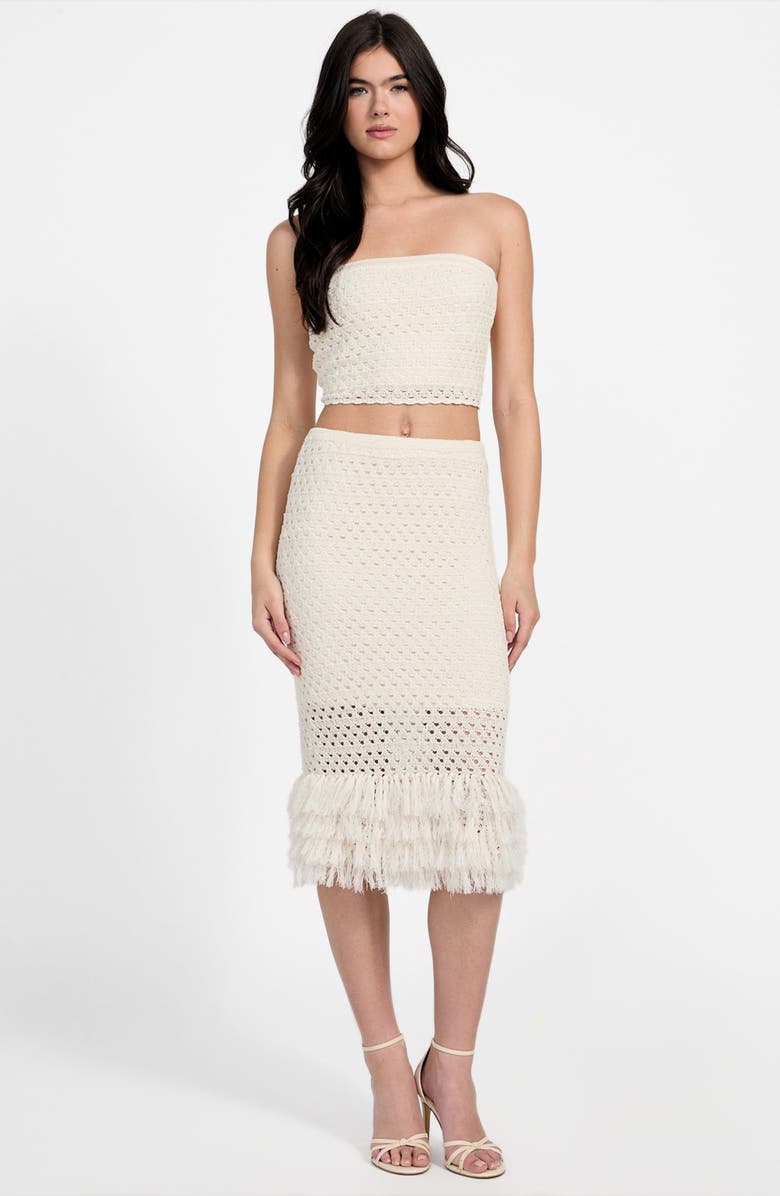GUESS Luca Fringe Hem Open Stitch Midi Skirt, Alternate, color, Dove White
