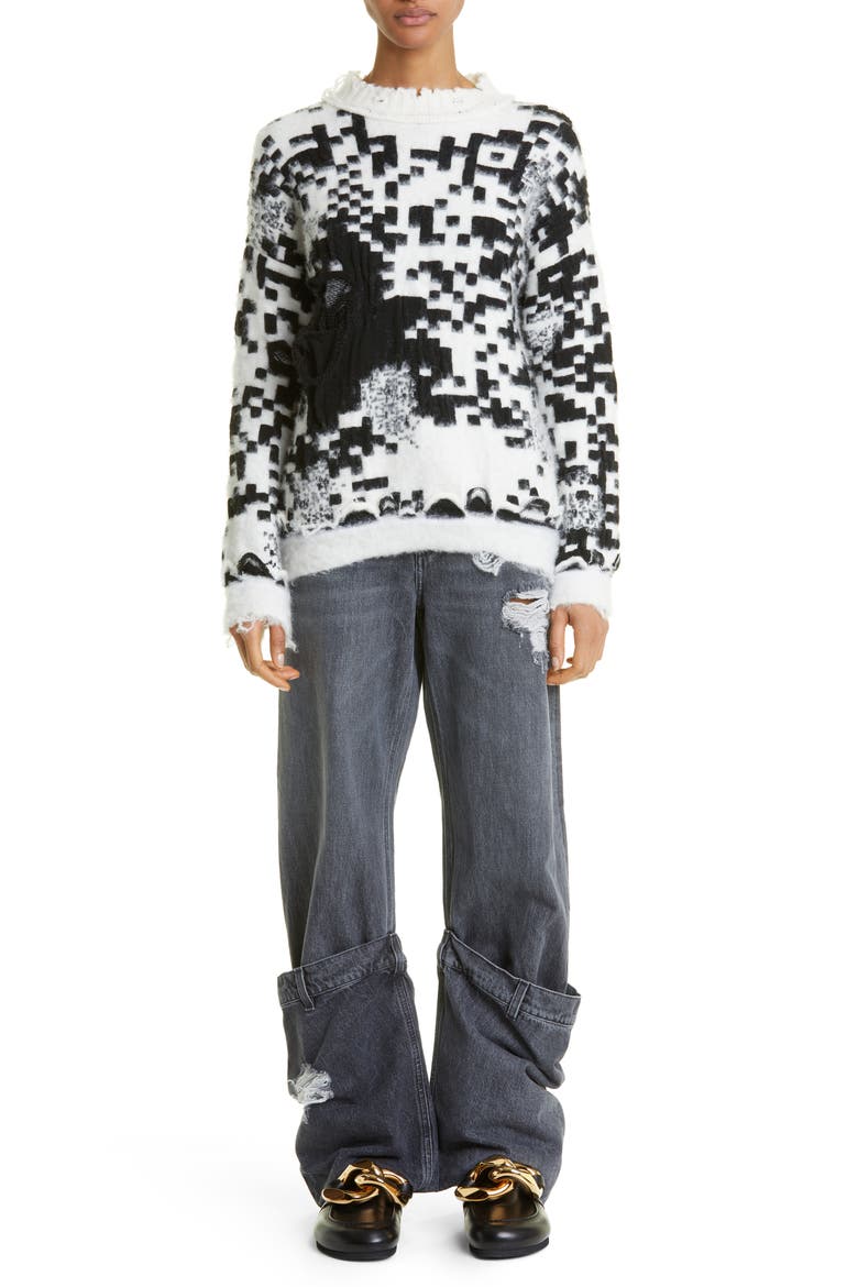 Gender Inclusive Oversize QR Code Jacquard Distressed Sweater, Alternate, color, WHITE/ BLACK