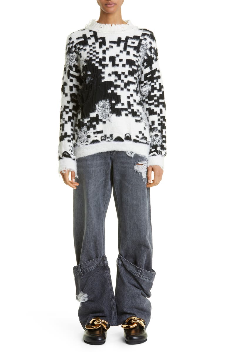 JW Anderson Gender Inclusive Oversize QR Code Jacquard Distressed Sweater, Alternate, color,